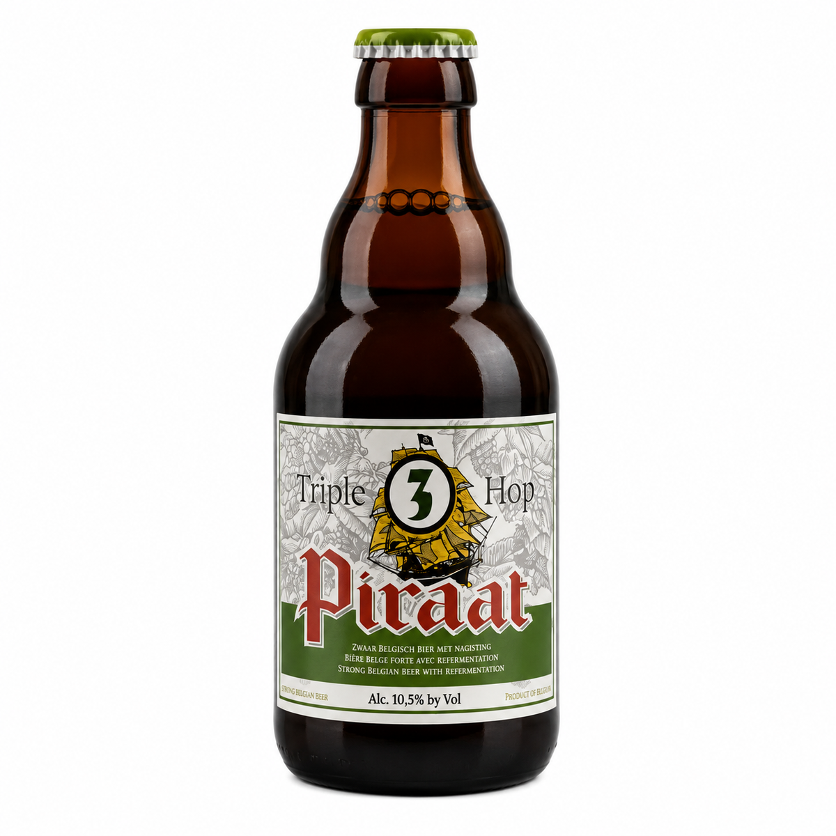 Garrafa de cerveja Piraat Triple Hop sobre fundo claro.