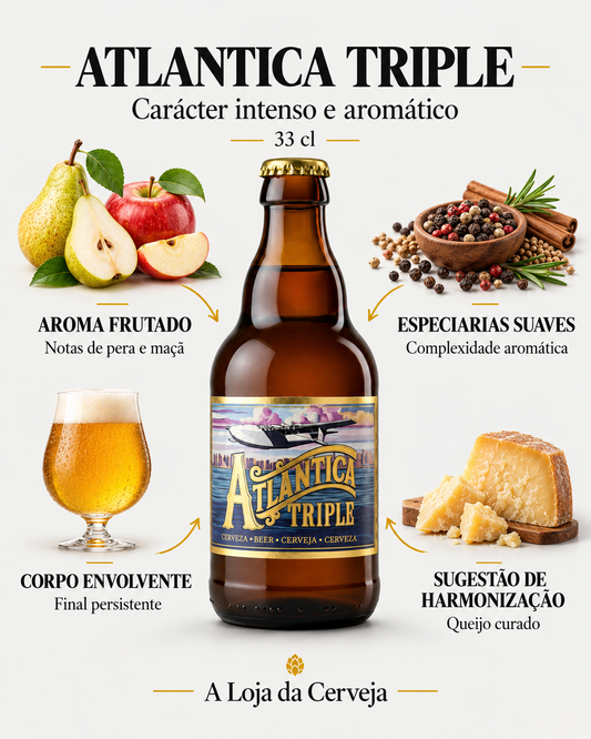 Atlantica Triple: aroma frutado — notas de pera e maçã; especiarias suaves — complexidade aromática; corpo envolvente — final persistente; sugestão de harmonização — queijo curado.