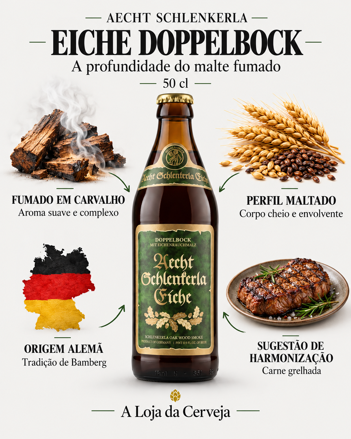 Aecht Schlenkerla Eiche-Doppelbock 50 cl: fumado em carvalho — aroma suave e complexo; perfil maltado — corpo cheio e envolvente; origem alemã — tradição de bamberg; sugestão de harmonização — carne grelhada.