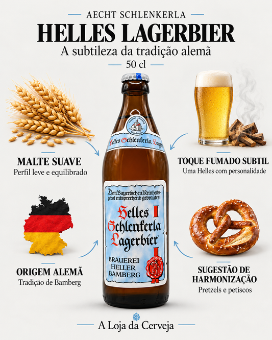 Aecht Schlenkerla Helles Lagerbier: malte suave — perfil leve e equilibrado; toque fumado subtil — uma helles com personalidade; origem alemã — tradição de bamberg; sugestão de harmonização — pretzels e petiscos.