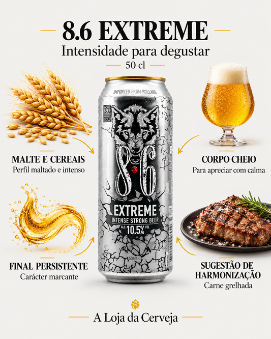 8.6 Extreme 50 cl: malte e cereais — perfil maltado e intenso; corpo cheio — para apreciar com calma; final persistente — carácter marcante; sugestão de harmonização — carne grelhada.