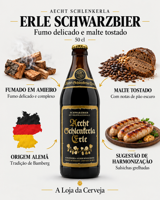 Aecht Schlenkerla Erle Schwarzbier 50 cl: fumado em amieiro — fumo delicado e complexo; malte tostado — com notas de pão escuro; origem alemã — tradição de bamberg; sugestão de harmonização — salsichas grelhadas.