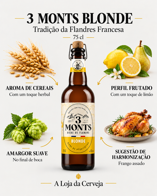 3 Monts Blonde 75 cl: aroma de cereais, perfil frutado com limão, amargor suave e harmonização com frango assado.