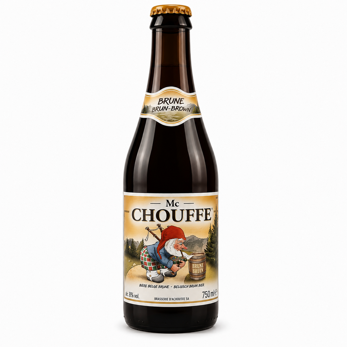 Garrafa de cerveja Mc Chouffe sobre fundo branco.