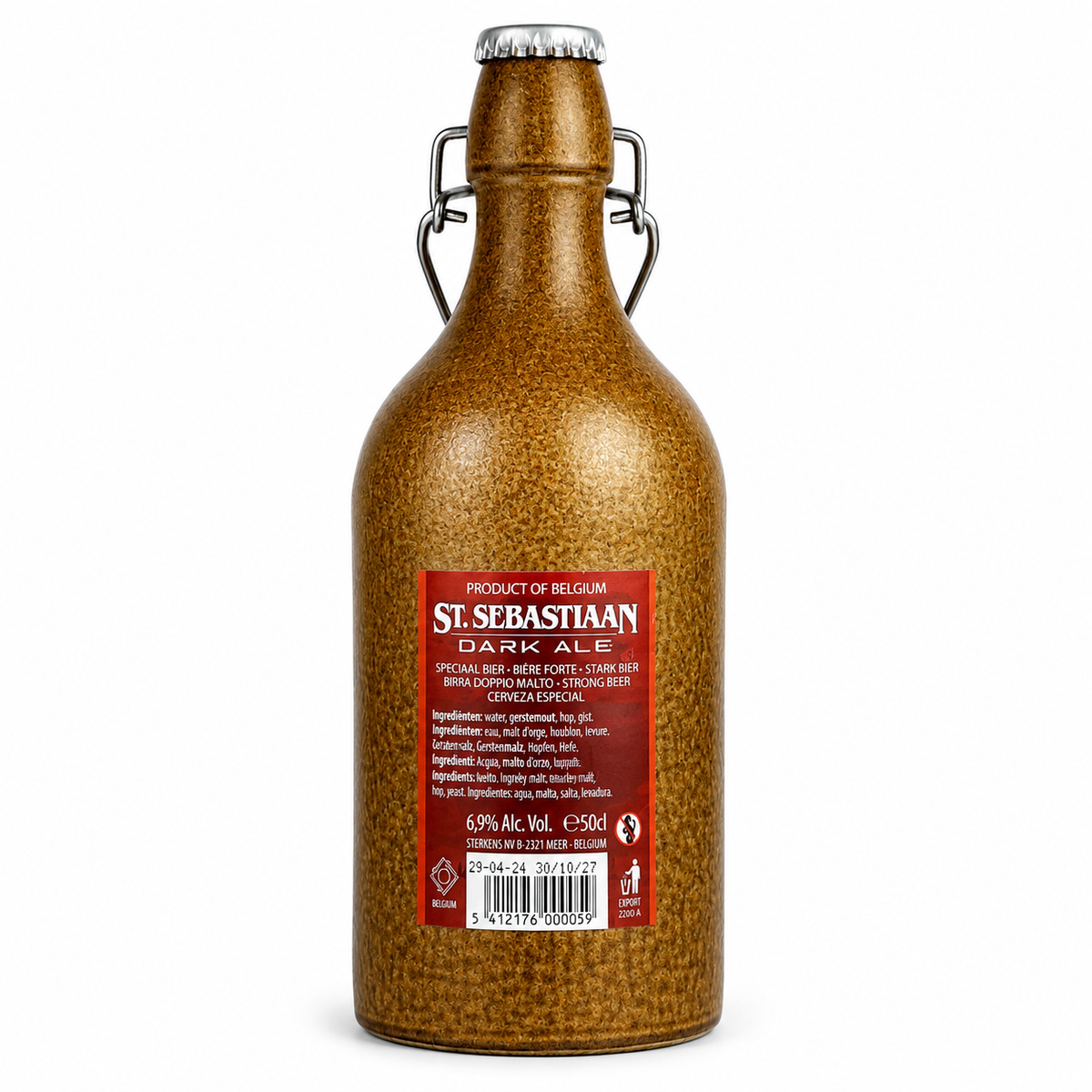 Verso da garrafa de cerâmica St. Sebastiaan Dark Ale com contrarrótulo.