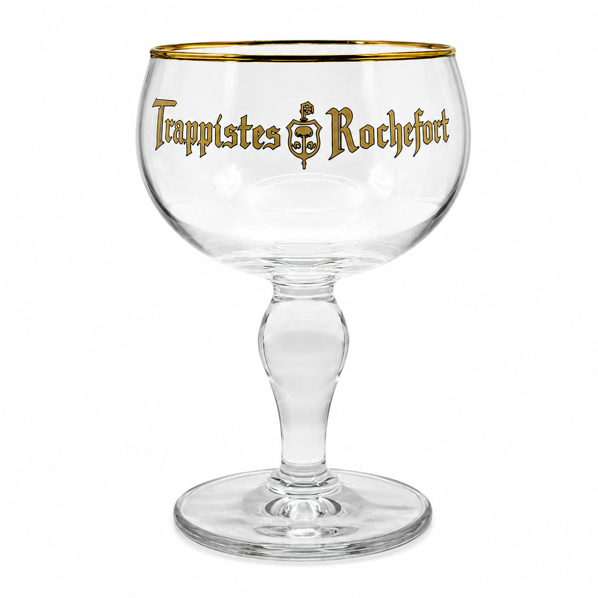 Copo Trappistes Rochefort vazio sobre fundo branco.