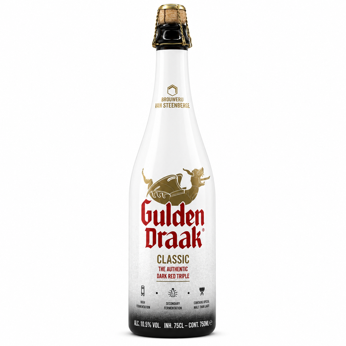 Garrafa de cerveja Gulden Draak Classic 75 cl sobre fundo branco.