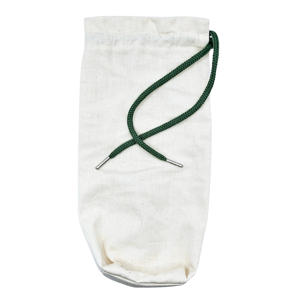 Saquinho de tecido claro vazio com cordão verde.