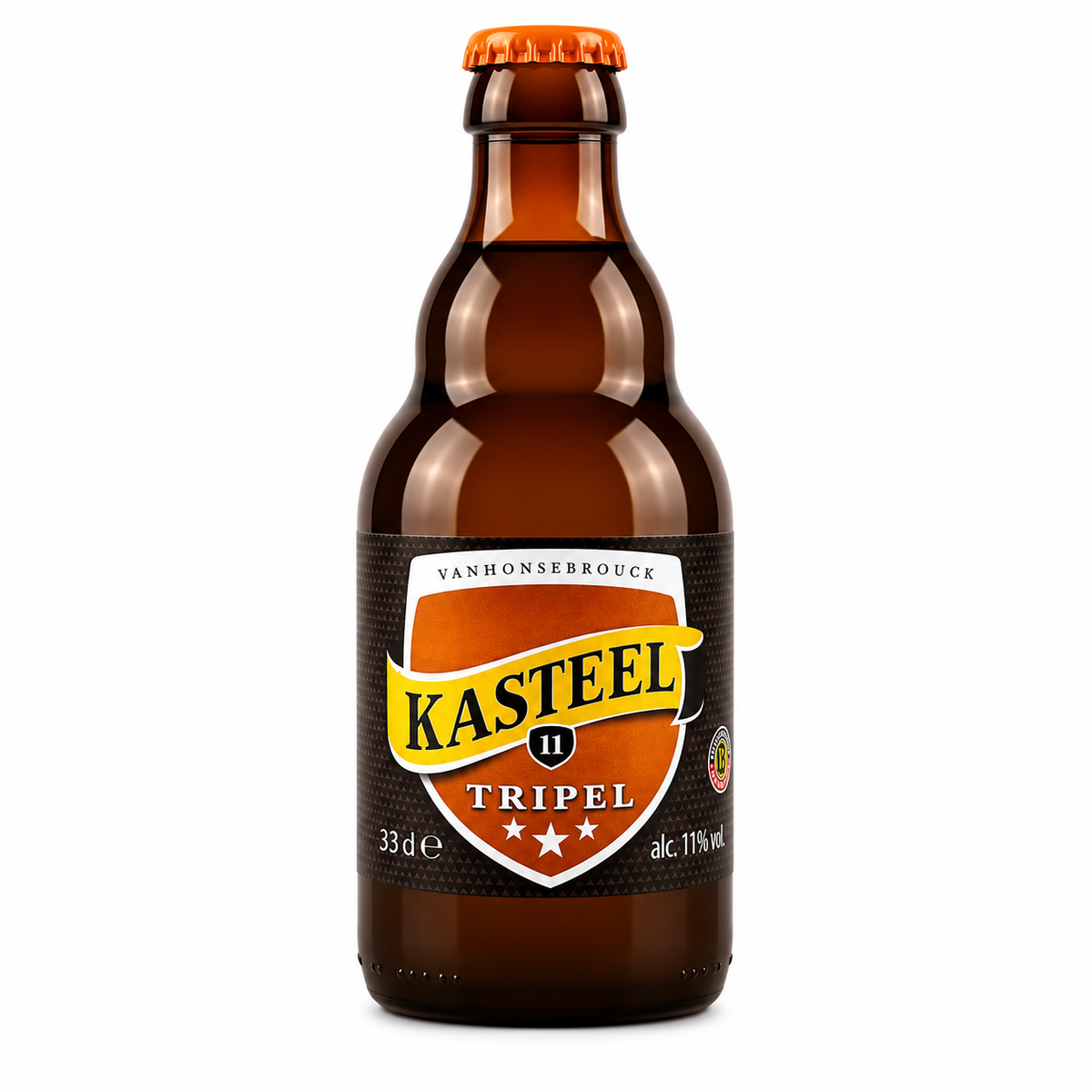 Garrafa de cerveja Kasteel Tripel sobre fundo claro.