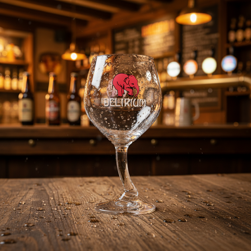 Copo Delirium vazio - bar de cerveja belga vibrante