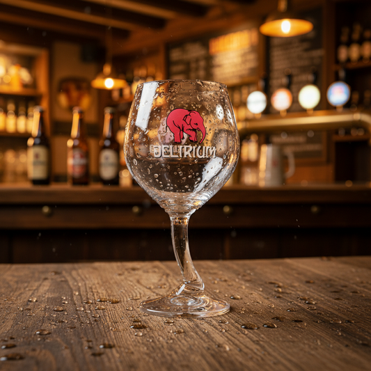 Copo Delirium vazio - bar de cerveja belga vibrante