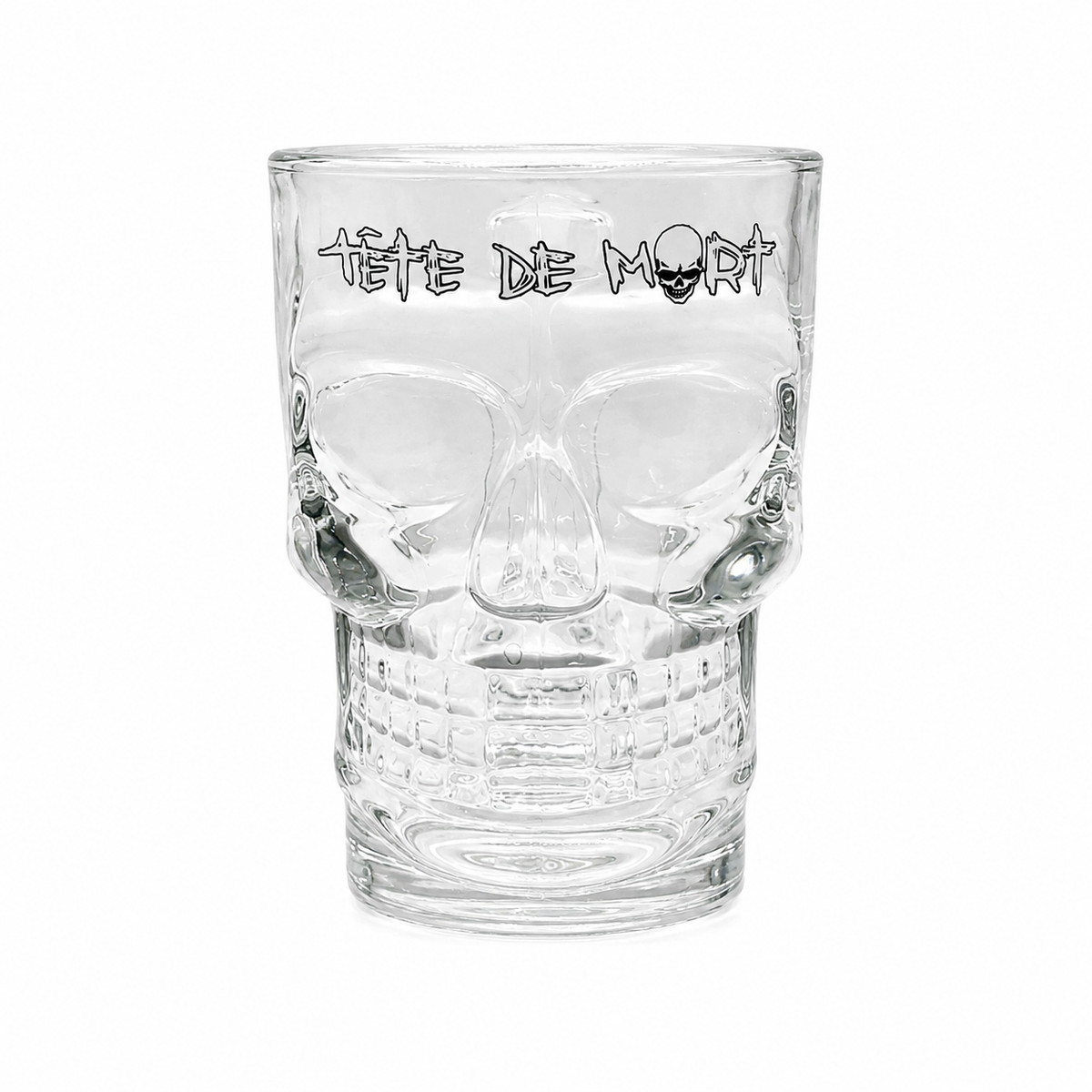 Caneca de vidro Tête de Mort de 25 cl em forma de caveira, vista de frente.