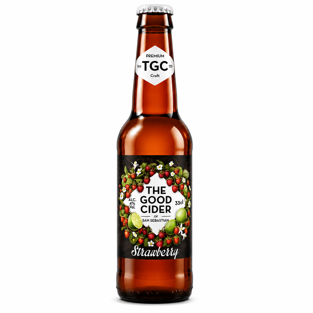 Garrafa de sidra The Good Cider of San Sebastian Strawberry sobre fundo branco.