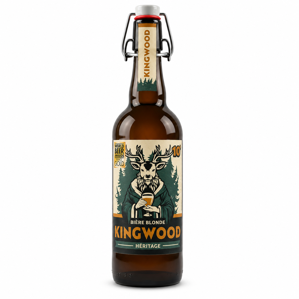 Garrafa de cerveja Kingwood Blonde Héritage 75 cl sobre fundo branco.