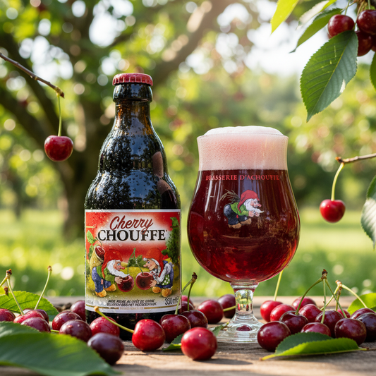 Garrafa e copo Cherry Chouffe - pomar de cerejas alegre