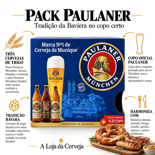 Infografia de Pack Paulaner, com o produto original ao centro, características e sugestão de harmonização em português. A Loja da Cerveja.