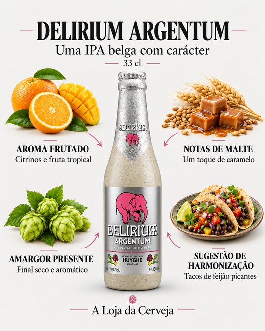 Delirium Argentum: aroma frutado — Citrinos e fruta tropical; notas de malte — Um toque de caramelo; amargor presente — Final seco e aromático; sugestão de harmonização — Tacos de feijão picantes.