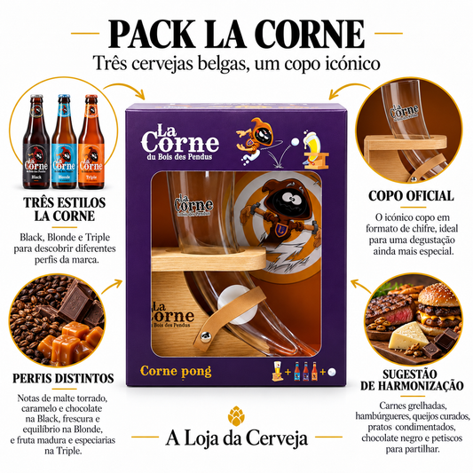 Infografia de Pack La Corne, com o produto original ao centro, características e sugestão de harmonização em português. A Loja da Cerveja.