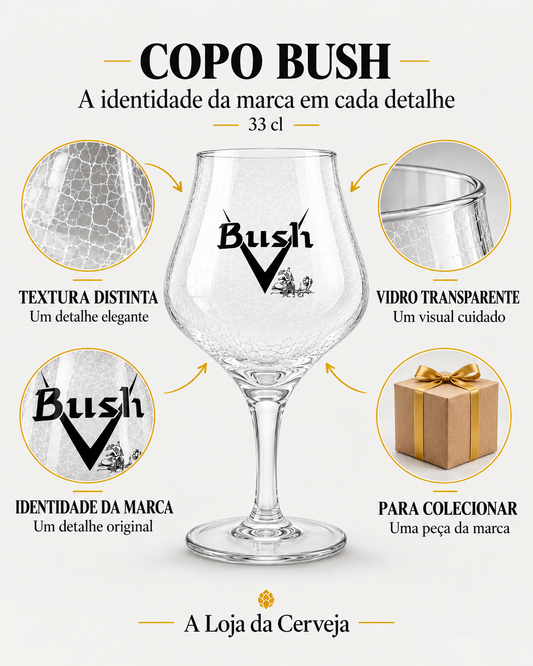 Copo Bush: textura distinta — Um detalhe elegante; vidro transparente — Um visual cuidado; identidade da marca — Um detalhe original; para colecionar — Uma peça da marca.