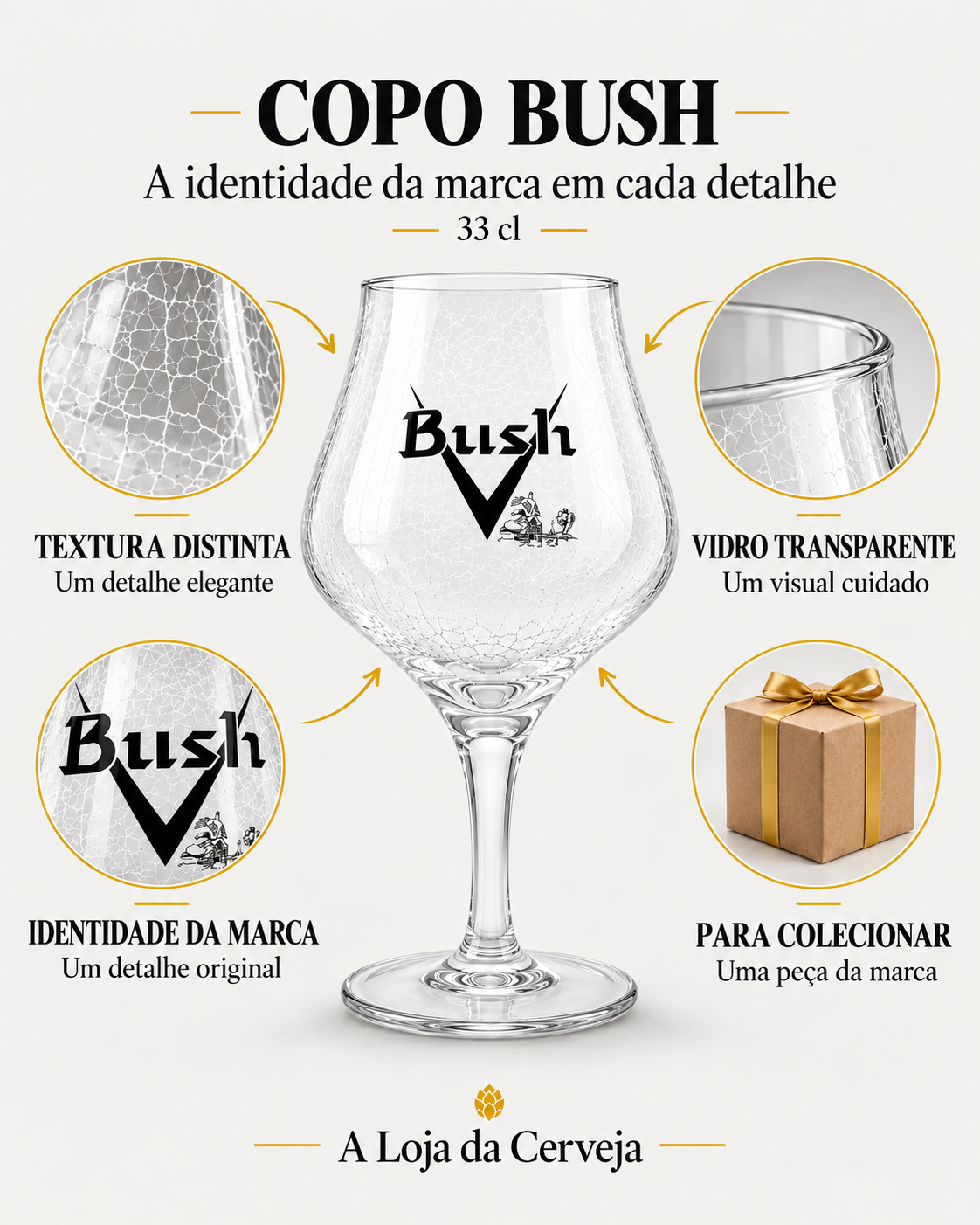 Copo Bush: textura distinta — Um detalhe elegante; vidro transparente — Um visual cuidado; identidade da marca — Um detalhe original; para colecionar — Uma peça da marca.