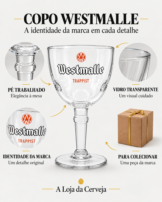 Copo Westmalle: pé trabalhado — Elegância à mesa; vidro transparente — Um visual cuidado; identidade da marca — Um detalhe original; para colecionar — Uma peça da marca.