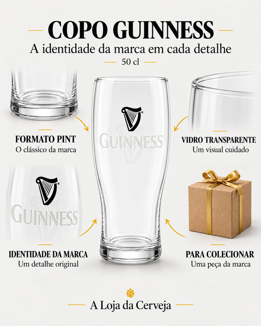 Copo Guinness: formato pint — O clássico da marca; vidro transparente — Um visual cuidado; identidade da marca — Um detalhe original; para colecionar — Uma peça da marca.