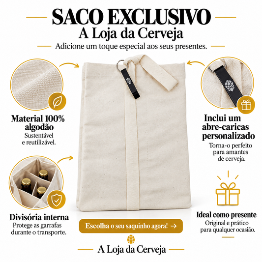 Infografia de Saco exclusivo A Loja da Cerveja, com o produto original ao centro, características e sugestão de utilização em português. A Loja da Cerveja.