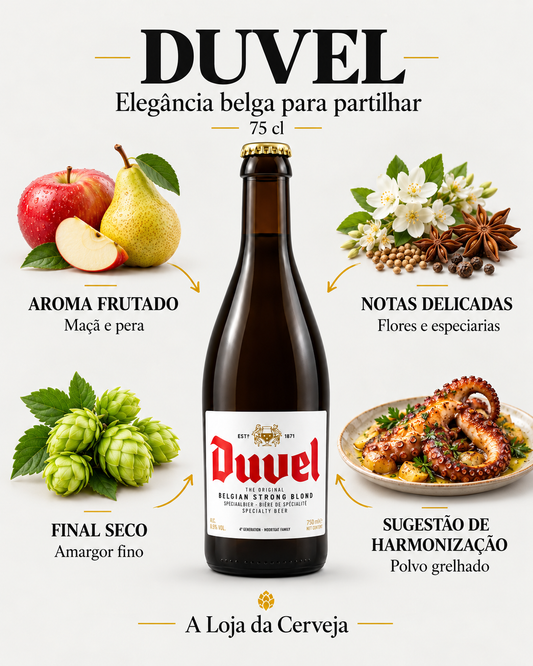 Duvel 75 cl: aroma frutado — Maçã e pera; notas delicadas — Flores e especiarias; final seco — Amargor fino; sugestão de harmonização — Polvo grelhado.