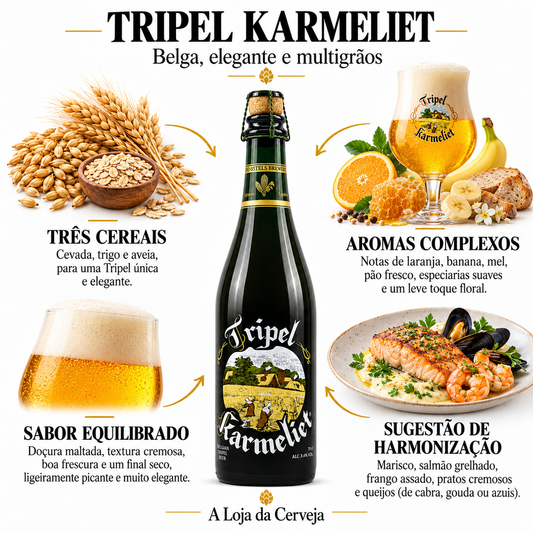 Infografia de Tripel Karmeliet 75 cl, com o produto original ao centro, características e sugestão de harmonização em português. A Loja da Cerveja.