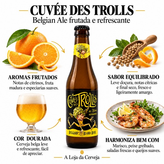 Infografia de Cuvée Des Trolls 12 Unidades, com o produto original ao centro, características e sugestão de harmonização em português. A Loja da Cerveja.
