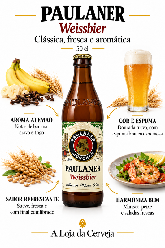 Infografia de Paulaner Weissbier 50 cl 12 Unidades, com o produto original ao centro, características e sugestão de harmonização em português. A Loja da Cerveja.
