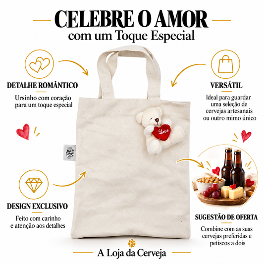 Infografia de Saquinho Dia dos Namorados, com o produto original ao centro, características e sugestão de utilização em português. A Loja da Cerveja.
