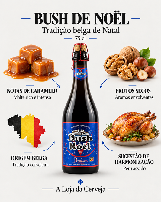 Bush de Noel 75 cl: notas de caramelo — Malte rico e intenso; frutos secos — Aromas envolventes; origem belga — Tradição cervejeira; sugestão de harmonização — Peru assado.