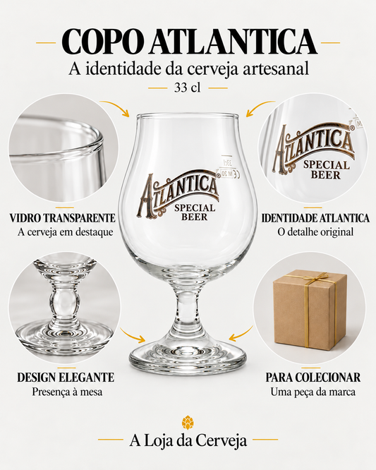 Copo Atlantica 33 cl: vidro transparente, identidade da marca, design elegante e peça para colecionar.