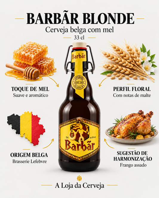 Barbãr Blonde: toque de mel — Suave e aromático; perfil floral — Com notas de malte; origem belga — Brasserie Lefebvre; sugestão de harmonização — Frango assado.