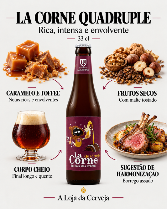 La Corne Quadruple 33 cl: caramelo e toffee, frutos secos, corpo cheio e harmonização com borrego assado.
