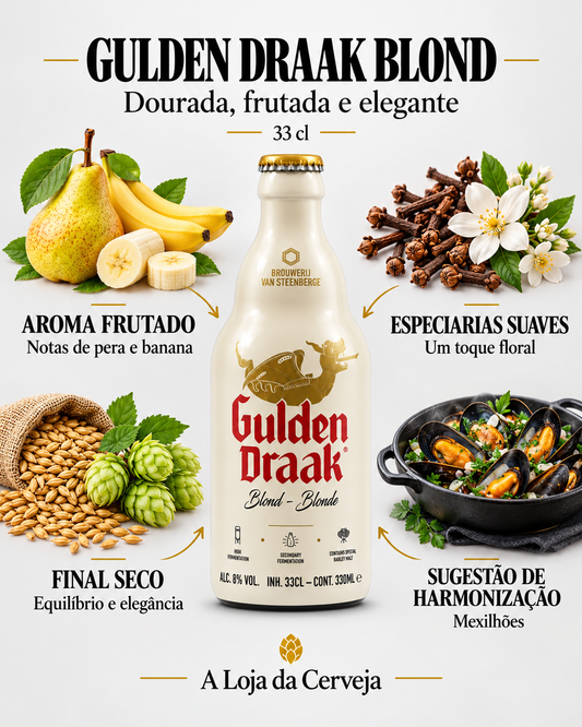 Gulden Draak Blond 33 cl: aroma frutado, especiarias suaves, final seco e harmonização com mexilhões.