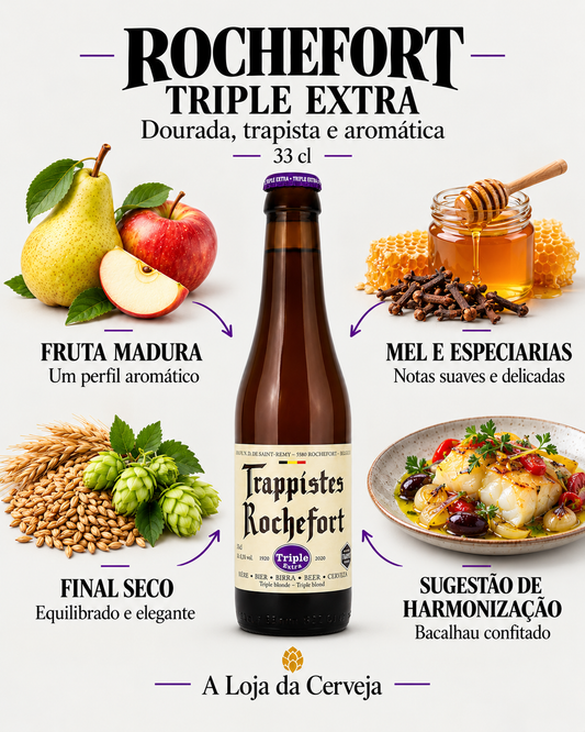 Rochefort Triple Extra 33 cl: fruta madura, mel e especiarias, final seco e harmonização com bacalhau confitado.