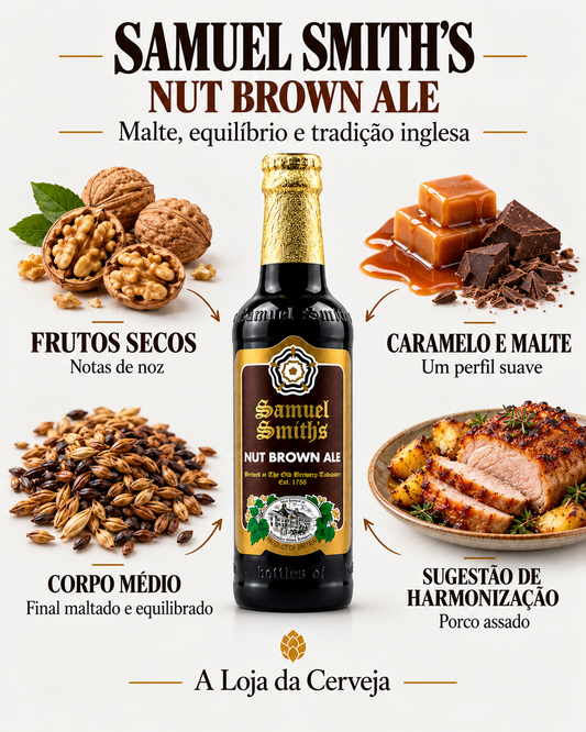 Samuel Smith’s Nut Brown Ale: frutos secos, caramelo e malte, corpo médio e harmonização com porco assado.