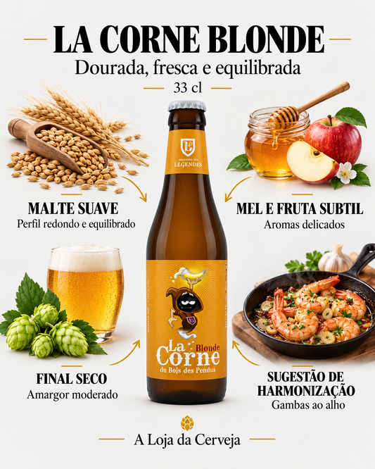 La Corne Blonde 33 cl: malte suave, mel e fruta subtil, final seco e harmonização com gambas ao alho.