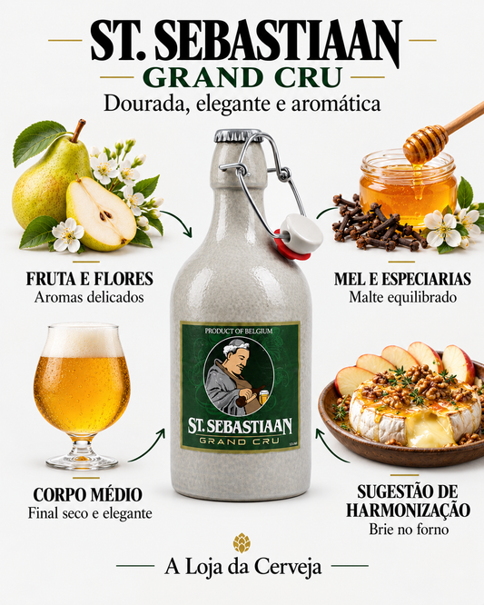 St. Sebastiaan Grand Cru: fruta e flores, mel e especiarias, corpo médio e harmonização com brie no forno.