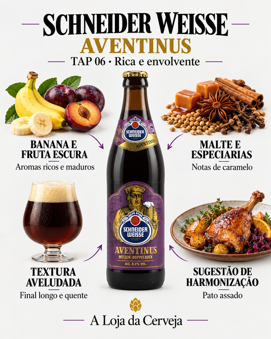 Schneider Weisse Aventinus TAP 06: banana e fruta escura, malte e especiarias, textura aveludada e pato assado.