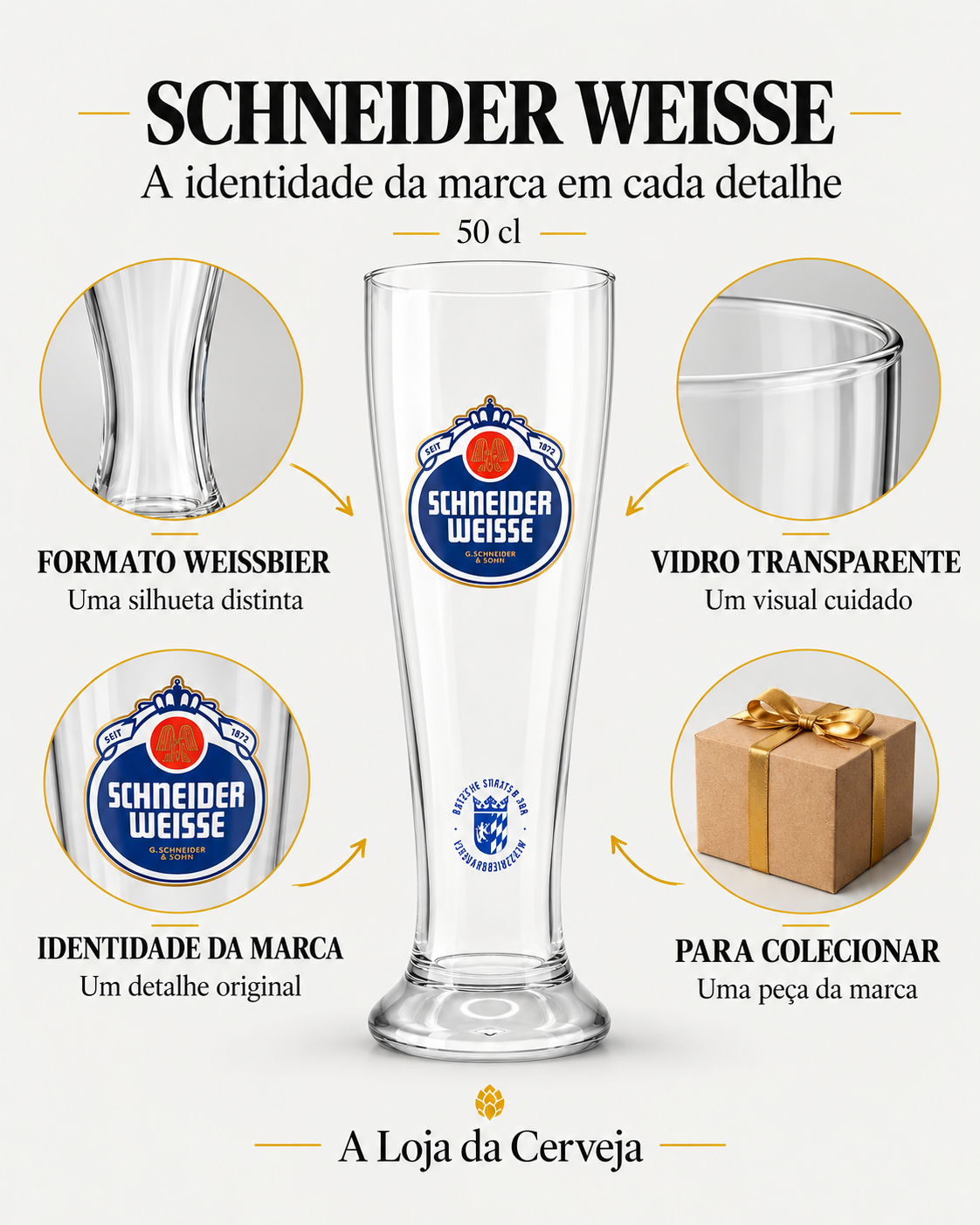 Copo Schneider Weisse 50 cl: formato weissbier — Uma silhueta distinta; vidro transparente — Um visual cuidado; identidade da marca — Um detalhe original; para colecionar — Uma peça da marca.