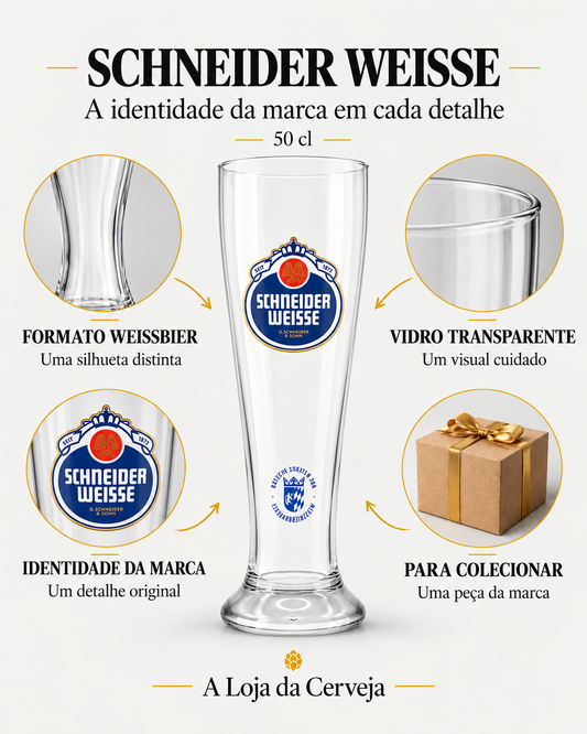 Copo Schneider Weisse 50 cl: formato weissbier — Uma silhueta distinta; vidro transparente — Um visual cuidado; identidade da marca — Um detalhe original; para colecionar — Uma peça da marca.