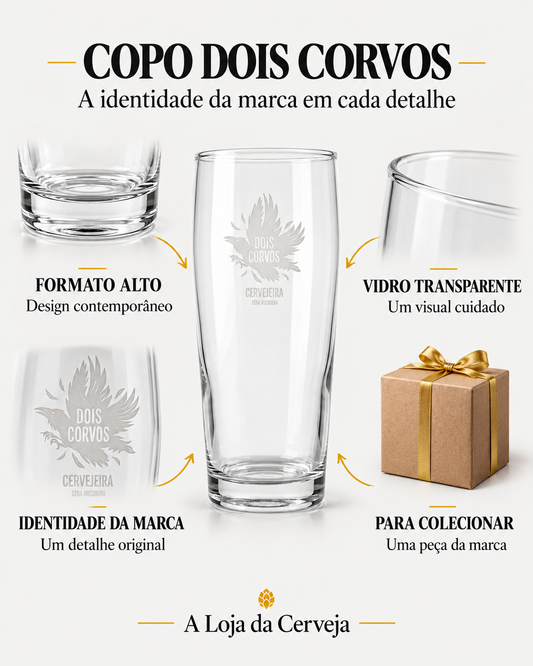 Copo Dois Corvos: formato alto — Design contemporâneo; vidro transparente — Um visual cuidado; identidade da marca — Um detalhe original; para colecionar — Uma peça da marca.