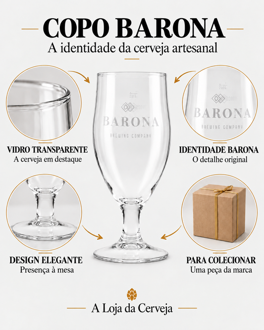 Copo Barona: vidro transparente, identidade da marca, design elegante e peça para colecionar.