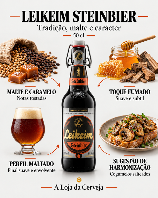 Leikeim Steinbier 50 cl: malte e caramelo, toque fumado, perfil maltado e cogumelos salteados.