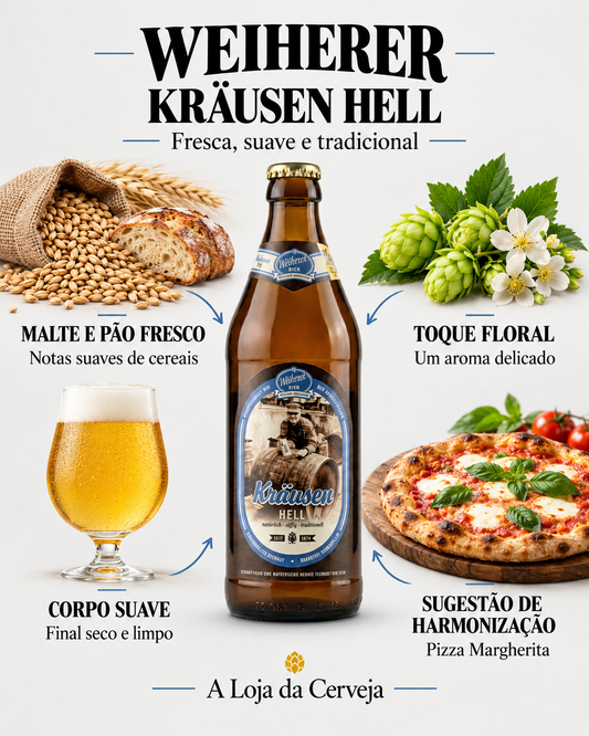 Weiherer Kräusen Hell: malte e pão fresco, toque floral, corpo suave e harmonização com pizza Margherita.