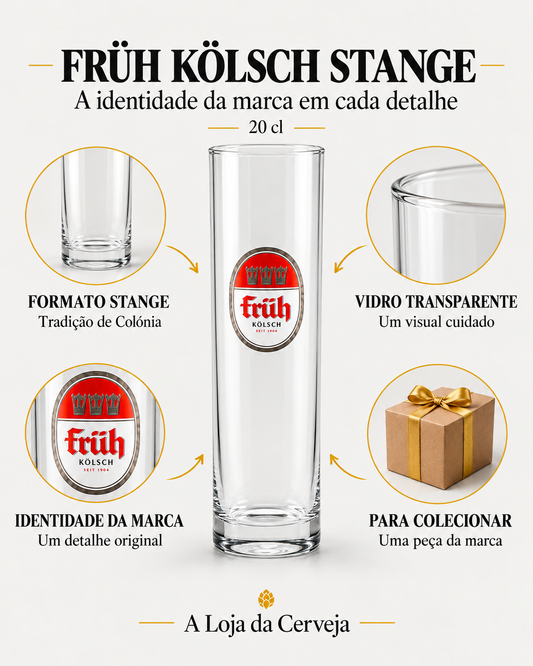 Copo Früh Kölsch Stange 0.20L: formato stange — Tradição de Colónia; vidro transparente — Um visual cuidado; identidade da marca — Um detalhe original; para colecionar — Uma peça da marca.