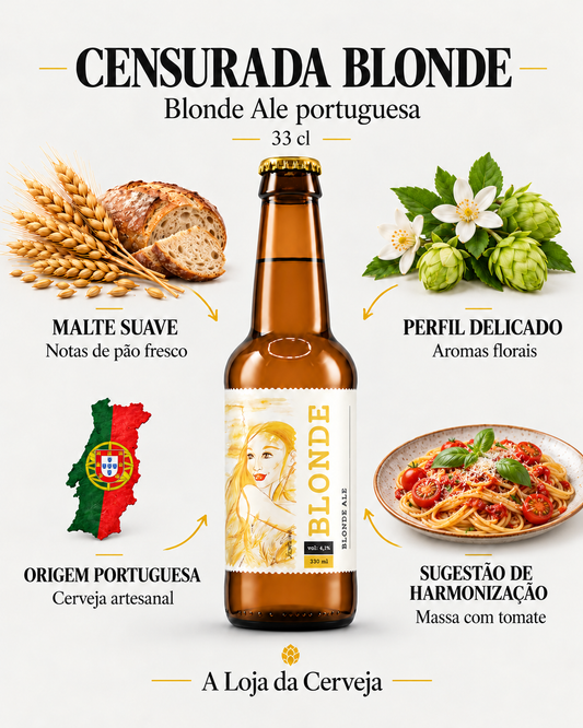 Censurada Blonde Ale: malte suave — Notas de pão fresco; perfil delicado — Aromas florais; origem portuguesa — Cerveja artesanal; sugestão de harmonização — Massa com tomate.